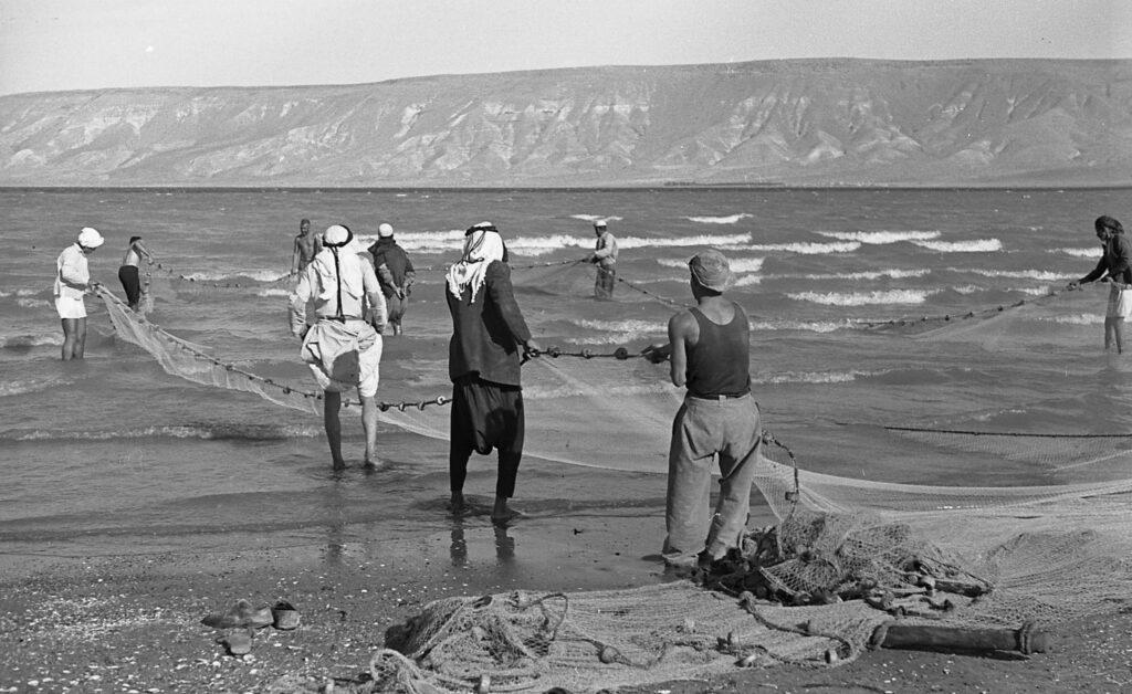 דייגים ערבים מלמדים את חברי עין גב שיטות דיג - אופנהיים נפתלי